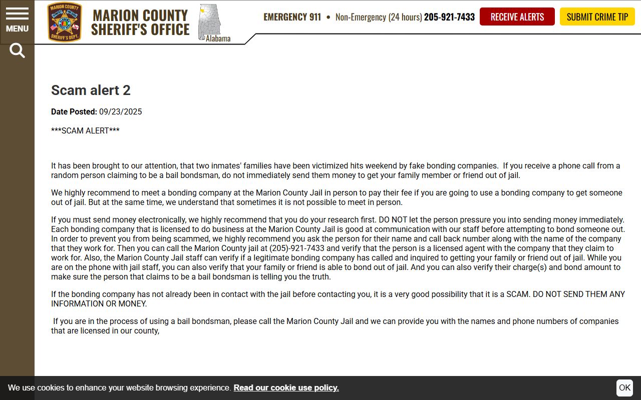 Marion County inmate records bond scam verification notice