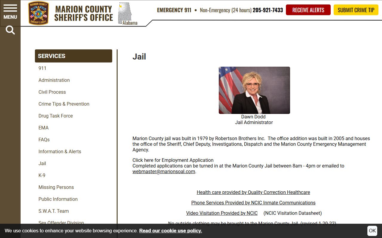 Official Marion County Jail page showing jail administrator, history, and jail service links