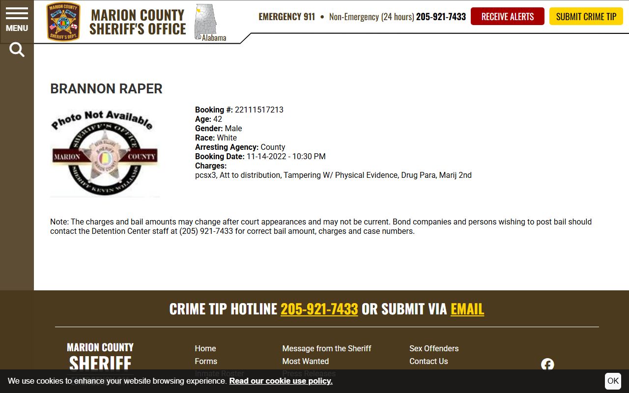 Marion County inmate records sample roster profile fields